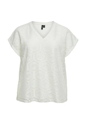 Witte korte mouwen kanten blouse met V-hals en zeshoekig patroon, losse pasvorm, stoffen label zichtbaar aan de binnenkant van de kraag.
