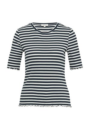 Camiseta de rayas en azul marino y blanco, con mangas cortas, cuello redondo, y detalle de dobladillo en forma de olas. Fabricada con un tejido suave y elástico.