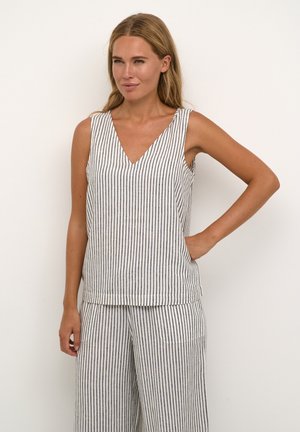Top sans manches rayé en tissu léger, doté d'un décolleté en V et d'une coupe décontractée, avec des rayures verticales bleu et blanc.