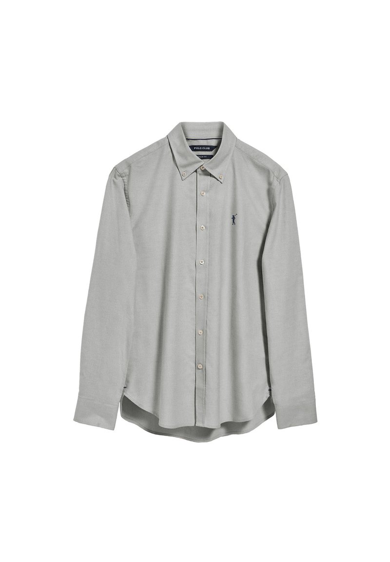 Ljust grå långärmad skjorta med nedknäppt krage, med en liten broderad logotyp på bröstet och ljusa knappar fram.