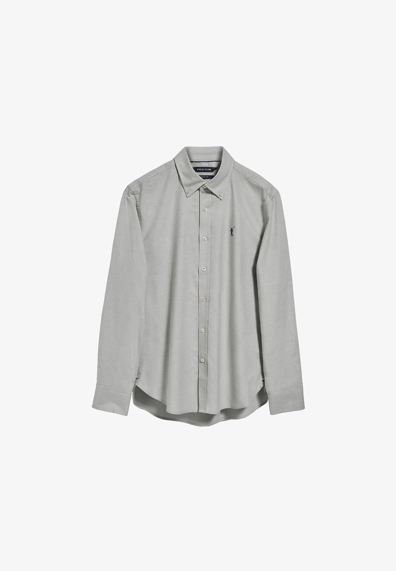 Chemise à manches longues gris clair avec un col boutonné, ornée d'un petit logo brodé sur la poitrine et de boutons clairs à l'avant.