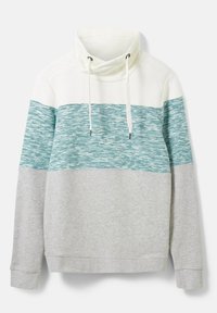 Felpa con cappuccio caratterizzata da un motivo bianco e teal sulla parte superiore del petto, con sezioni inferiori grigie e dettagli con cordini sul colletto.