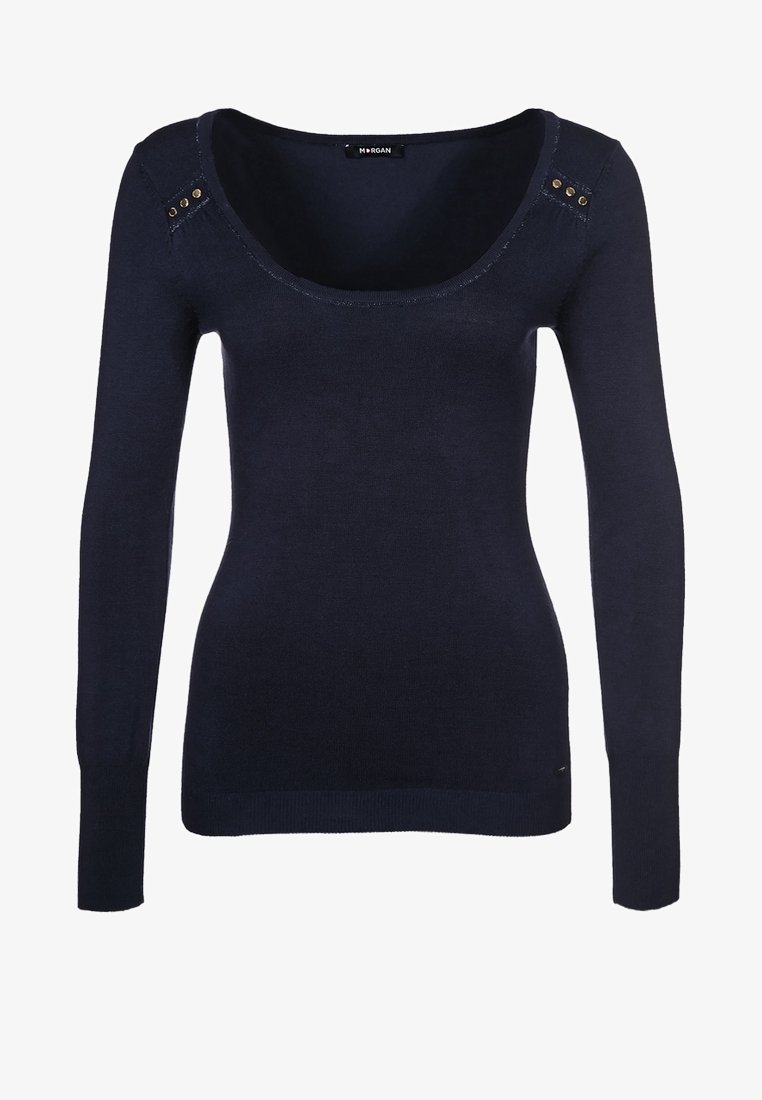 Marineblauer Langarm-Pullover aus weichem Strickstoff mit Rundhalsausschnitt und dekorativen Metallakzenten auf den Schultern.