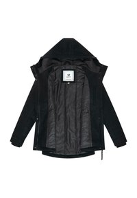 Veste d'hiver noire à capuche avec doublure matelassée, fermeture éclair devant et boutons-pression, présentée ouverte sur fond blanc.