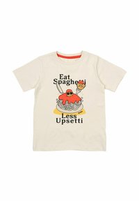 Cremfarbendes Baumwoll-T-Shirt mit einer verspielten Grafik von Spaghetti und dem Text "Eat Spaghetti Less Upsetti" in Schwarz, ergänzt durch lebendige Akzente.
