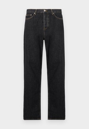 Black denim jeans with a straight fit, featuring a button fly, five pockets, and subtle stitching details along the seams.