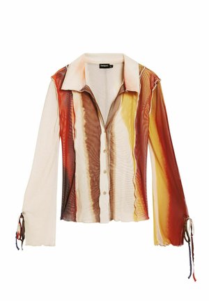 Pikad varrukad särk, mis on kaunistatud värvikireva triibulise mustriga punakas, kollases ja beežis toonis. Sellel on klassikaline krae ja nööbiga kinnitused.