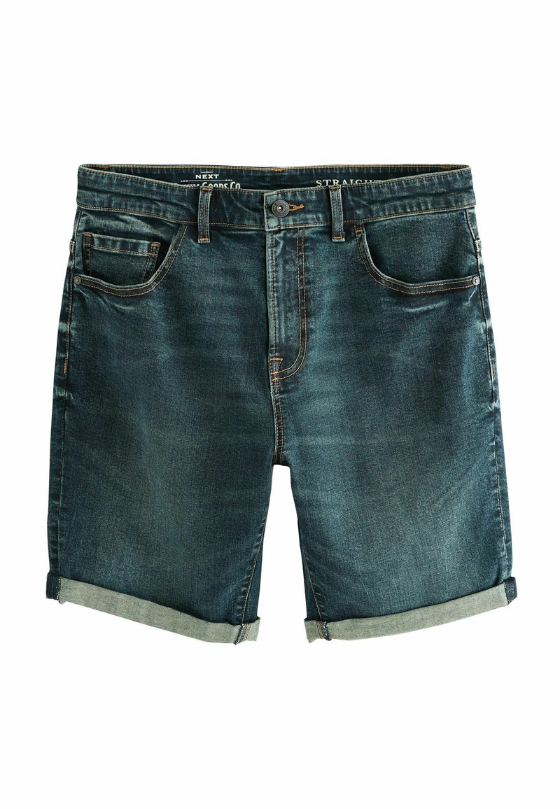 Shorts en denim de couleur bleu foncé avec un léger délavage, présentant des ourlets roulés, cinq poches et des coutures contrastées le long des coutures.