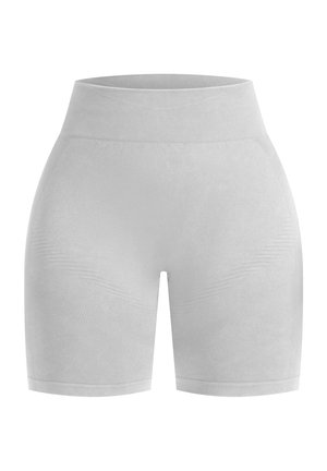 Lichtgrijze sportshorts met een hoge tailleband, een gladde textuur en subtiele horizontale patronen aan de zijkanten.