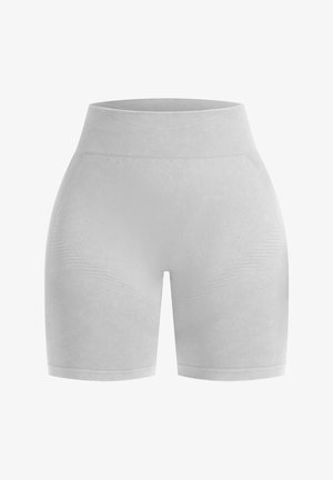 Lichtgrijze sportshorts met een hoge tailleband, een gladde textuur en subtiele horizontale patronen aan de zijkanten.
