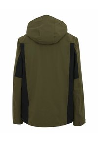 Chaqueta verde con capucha, paneles laterales negros y mangas largas, mostrada de espaldas sobre un fondo blanco.