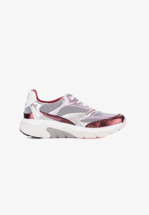 White and pink metallic mesh sneaker with white laces and thick white sole, shown in profile facing right on white background.