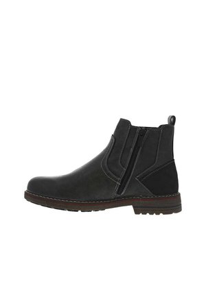 Bottines en cuir noir avec zip latéral, tige texturée, panneau noir contrastant et semelle en caoutchouc robuste avec des accents de couture brune.
