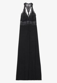 Camisón negro con cuerpo de encaje y diseño de espalda nadadora. Tela suave, largo hasta el suelo, intrincados detalles de encaje en la parte superior y falda fluida.