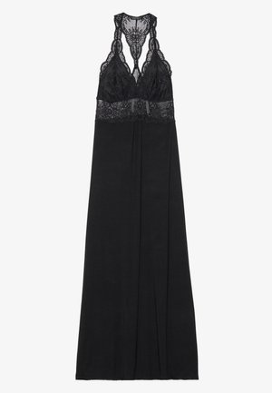 Μαύρο νυχτικό με δαντελένιο κορσέ και σχέδιο racerback. Λείο ύφασμα, μακρύ μήκος, πολύπλοκες λεπτομέρειες δαντέλας στο πάνω μέρος και ρέουσα φούστα.