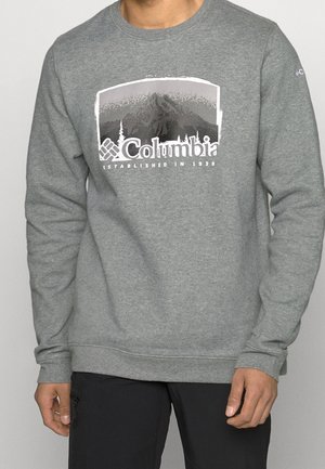 Szara bluza Columbia z grafiką góry i drzewa oraz napisem "Columbia Established in 1938", noszona przez osobę w czarnych spodniach.