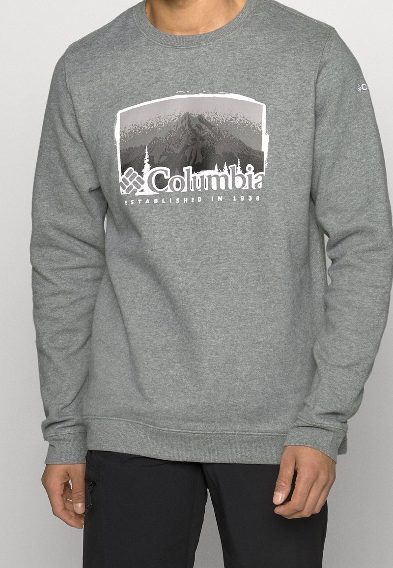 Sweat-shirt gris Columbia avec un dessin de montagne et d’arbre et le texte "Columbia Established in 1938", porté par une personne en pantalon noir.