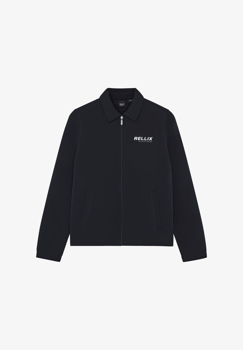 Mørk marineblå lynlåstrøje med krave, to forlommer og "RELLIX" logo i hvid på venstre bryst. Glat stoftekstur.