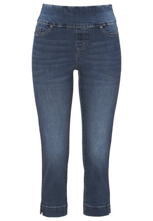Dunkelblaue Denim-Capri-Hosen mit einem glatten, dehnbaren Bund, fünf Taschen und einem knöchellangen Saum mit leichten seitlichen Schlitzen.