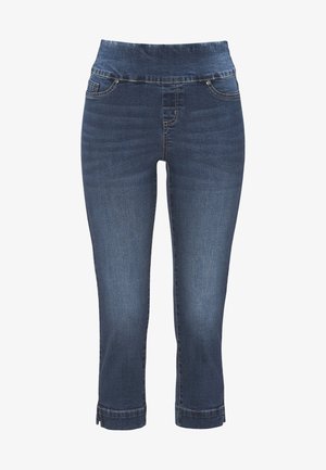 Dunkelblaue Denim-Capri-Hosen mit einem glatten, dehnbaren Bund, fünf Taschen und einem knöchellangen Saum mit leichten seitlichen Schlitzen.