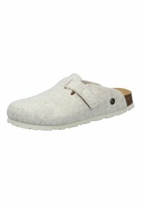 Light beige slip-on clog with a felt upper, adjustable strap, cork footbed, and white rubber sole.