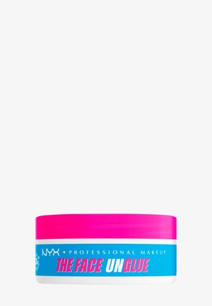 NYX Professional Makeup The Face Unglue, un petit récipient rond avec un couvercle rose vif et une étiquette bleu et blanc.