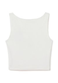 White sleeveless crop top with a rounded neckline, smooth texture, and a fitted design. No visible patterns or embellishments.