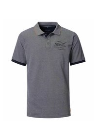 Szara koszulka polo wykonana z bawełny, z granatowym kołnierzykiem i akcentami na rękawach, z wyszywanym napisem z przodu.