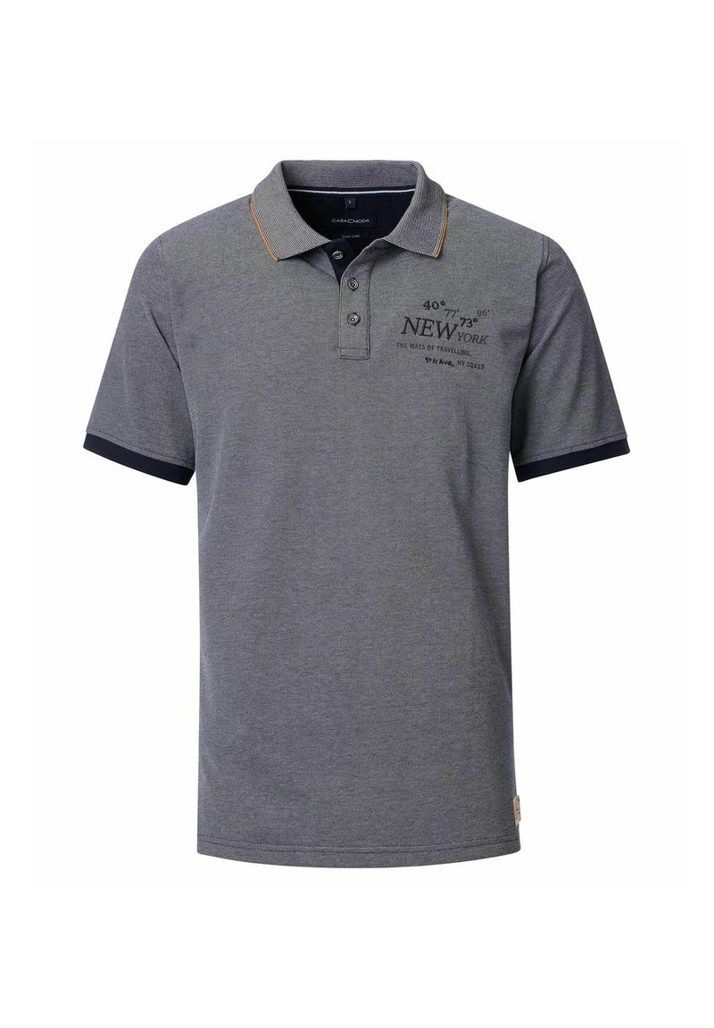 Szara koszulka polo wykonana z bawełny, z granatowym kołnierzykiem i akcentami na rękawach, z wyszywanym napisem z przodu.