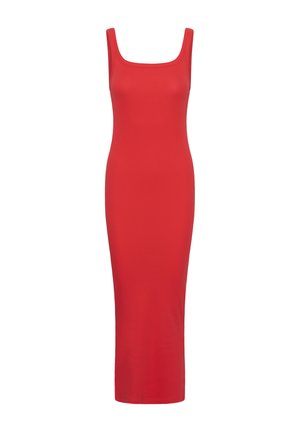 Sleeveless red bodycon midi dress with square neckline and fitted silhouette.