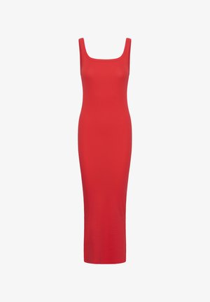 Sleeveless red bodycon midi dress with square neckline and fitted silhouette.