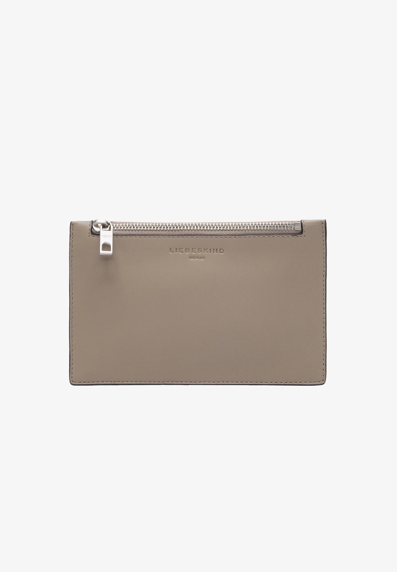 Gray leather wallet with a smooth texture, featuring a silver zipper closure and embossed brand logo on the front. Rectangular design.