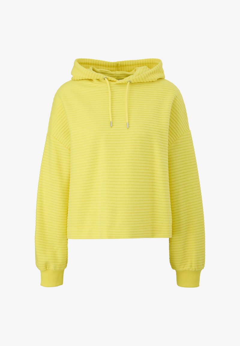 Sweat à capuche jaune côtelé avec cordons, manches longues, poignets côtelés et coupe courte et ample, présenté sur fond blanc uni.