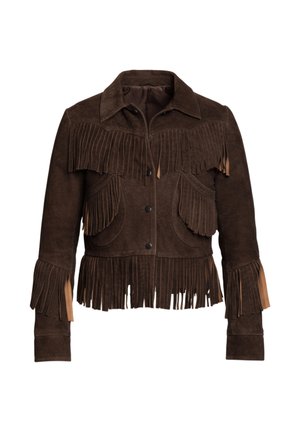 Veston en daim marron avec détails à franges sur la poitrine, les poches, les poignets et l'ourlet, doté d'un col et d'une fermeture à boutons-pression.