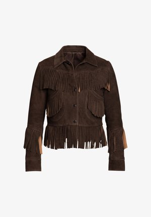 Bruine suède jas met franjerandjes op de borst, zakken, manchetten en zoom, met een kraag en drukknoopsluiting.