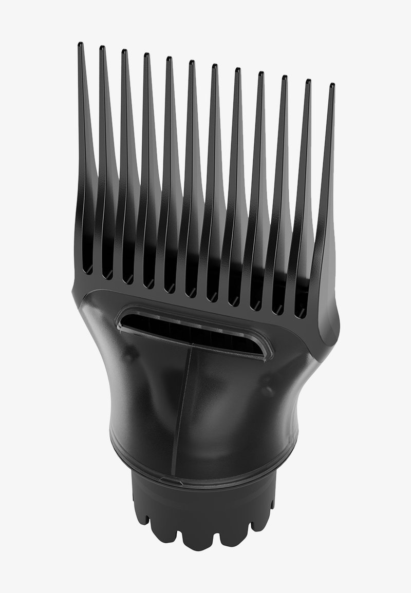 Accessoire diffuseur en plastique noir pour sèche-cheveux avec des picots longs, espacés de manière régulière et une base de connexion circulaire.