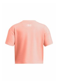 Short-sleeve, coral cotton t-shirt with a round neckline and a white logo printed on the upper back. Smooth texture and relaxed fit.