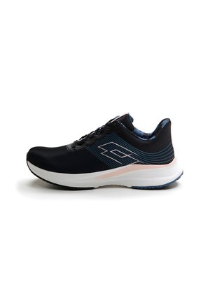 Black athletic shoe with a textured upper, blue accent stripes, and a white midsole. Curved shape and padded collar for comfort.