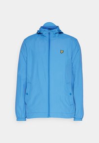 Light blue windbreaker jacket with a zip front, adjustable hood, elastic cuffs, and a small yellow logo on the chest. Two side pockets.