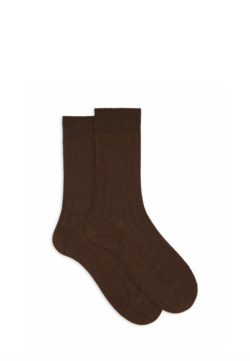 Calzini marroni a coste realizzati in materiale morbido, con design classico del polsino e tessitura liscia, adatti per l'uso quotidiano.