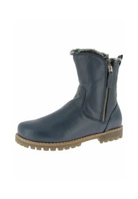 Botte d'hiver bleu marine à la cheville avec fermeture éclair latérale, doublure en fausse fourrure, bout arrondi et semelle en caoutchouc texturé marron.