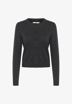 Ciemnoszary sweter z dzianiny z okrągłym dekoltem, długimi rękawami i zapinanymi na guziki z przodu czarnymi guzikami. Subtelna struktura ribstop.