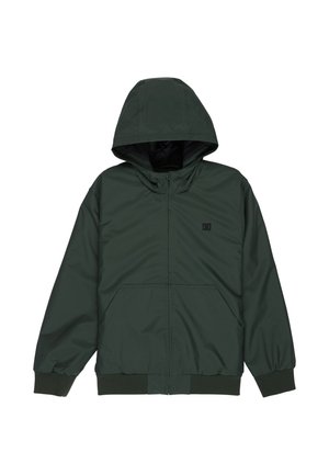 Donkergroene capuchonjas met een voorrits, kangoeroezak, elastische manchetten en een klein logo op de linkerborst.