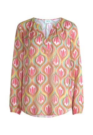 Langærmet bluse med retro blomsterprint i pink, gul og grøn samt en V-udskæring.