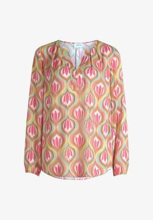 Langærmet bluse med retro blomsterprint i pink, gul og grøn samt en V-udskæring.