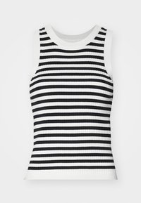Black and white striped sleeveless top with a round neckline, ribbed texture, and contrasting borders at the neckline and hem.