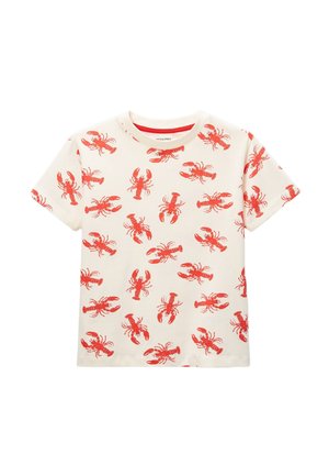 T-shirt blanc en coton à manches courtes avec un imprimé intégral de homards rouges dans différentes orientations.