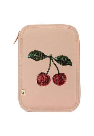 Sacchetto di tessuto rosa con un design di due ciliegie rosse e foglie verdi, impreziosito da paillettes. Chiusura con zip lungo il lato.