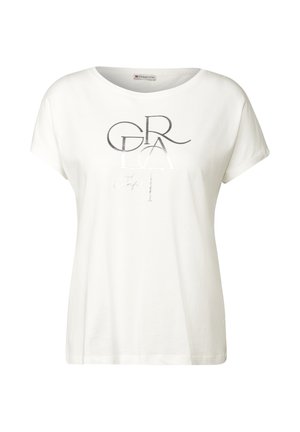Witte katoenen t-shirt met korte mouwen, ronde hals en zilveren grafische tekstontwerp. Zachte textuur en ontspannen pasvorm.