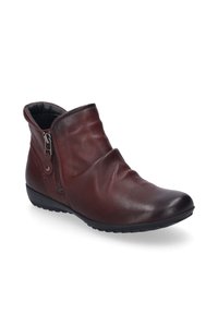Burgundowe skórzane botki za kostkę o luźnym kroju, z bocznym zamkiem błyskawicznym i gumową podeszwą. Gładka tekstura i zaokrąglony czubek.